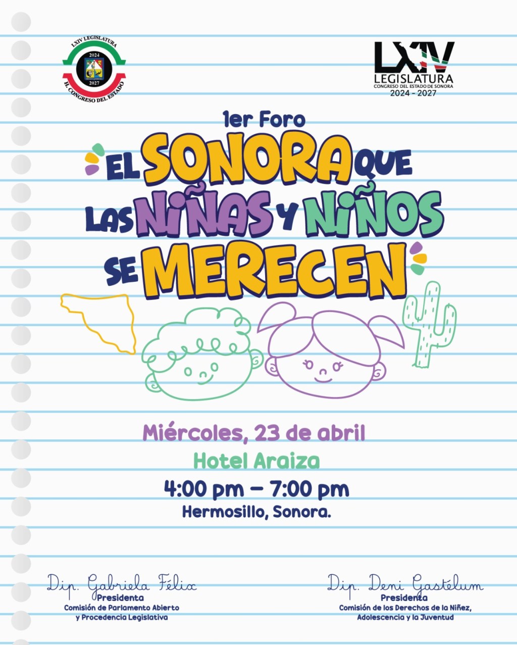 Invita Congreso de Sonora al foro «El Sonora que las Niñas y los Niños se&nbsp;Merecen”